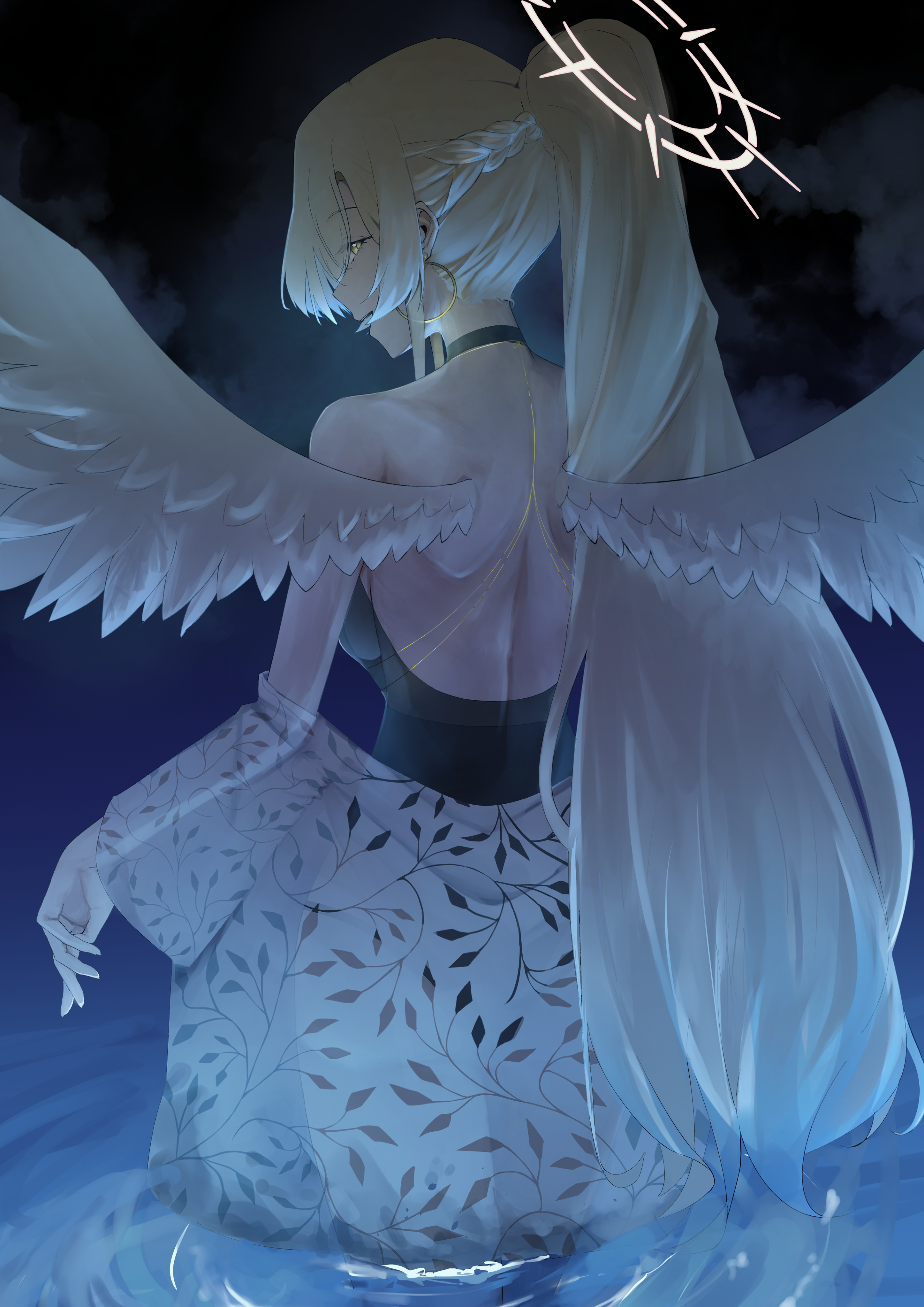 queensalmon221, nagisa (blue archive), nagisa (swimsuit) (blue archive), blue archive, absurdres, highres, 1girl, bare back, bare shoulders, black choker, black one-piece swimsuit, blonde hair, choker, feathered wings, from behind, halo, looking at viewer, official alternate costume, official alternate hairstyle, one-piece swimsuit, open mouth, pink halo, ponytail, shirt, solo, swimsuit, white shirt, white wings, wings, yellow eyes
