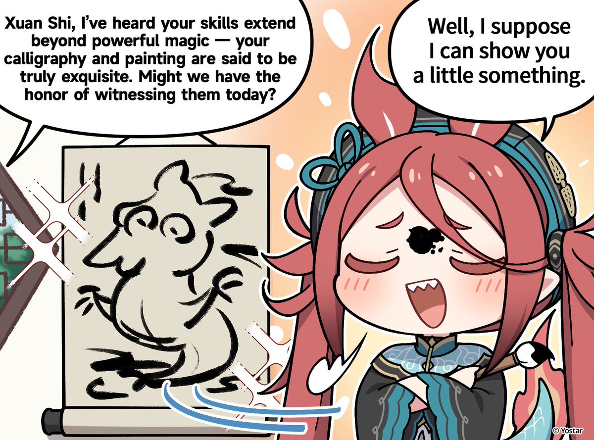 stella sora, commentary, english commentary, official art, 1girl, :d, blush, calligraphy brush, chixia (stella sora), closed eyes, drawing (object), english text, holding, holding calligraphy brush, holding paintbrush, ink on face, long hair, long sleeves, open mouth, paintbrush, red hair, sharp teeth, smile, solo, speech bubble, teeth, twintails, u u, very long hair