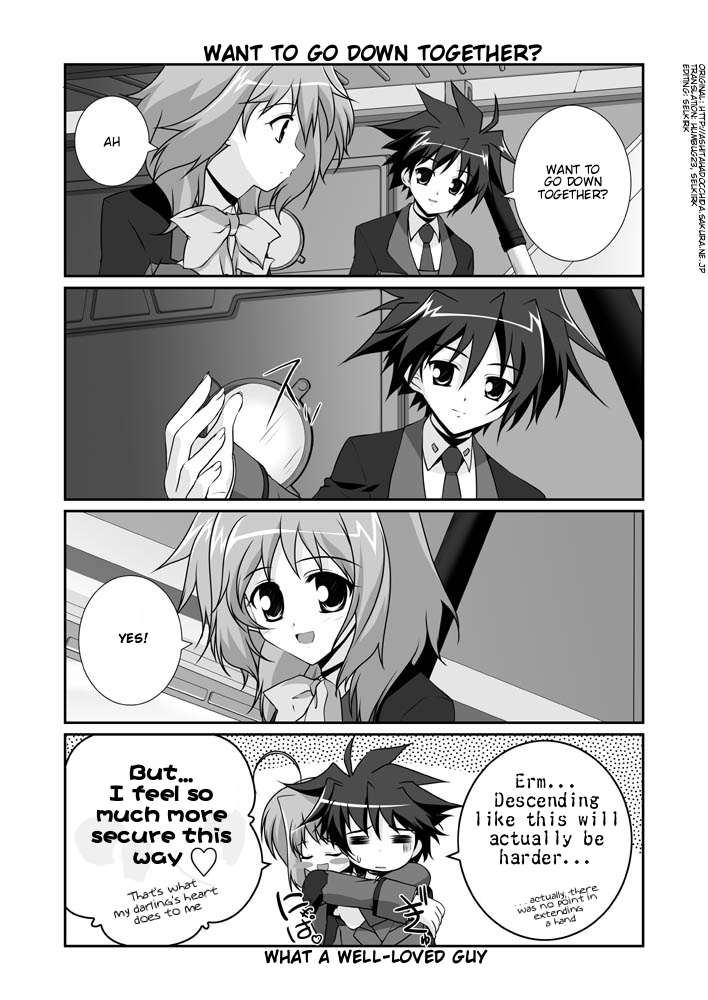 mikage takashi, caro ru lushe, erio mondial, lyrical nanoha, mahou shoujo lyrical nanoha, mahou shoujo lyrical nanoha strikers, hard-translated, third-party edit, translated, 00s, 1boy, 1girl, = =, ahoge, blush, blush stickers, bow, closed eyes, comic, english text, greyscale, heart, hetero, hug, military, military uniform, monochrome
