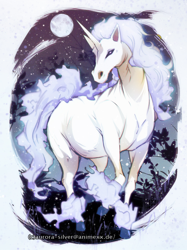 aurora-silver, rapidash, nintendo, pokemon, bad deviantart id, bad id, alternate color, animal focus, artist name, border, bright pupils, closed mouth, fiery hair, full body, full moon, gen 1 pokemon, horns, horse, moon, no humans, nostrils, outdoors, plump, pokemon (creature), purple eyes, shiny pokemon, single horn, solo, unicorn, white border, white pupils