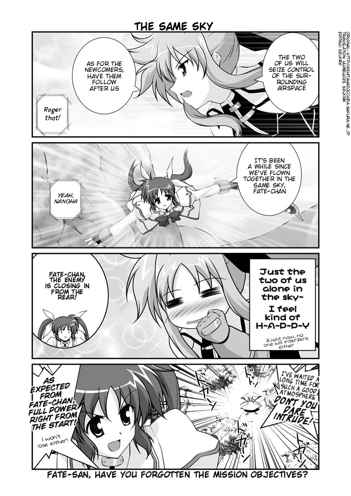 mikage takashi, fate testarossa, raising heart, takamachi nanoha, lyrical nanoha, mahou shoujo lyrical nanoha, mahou shoujo lyrical nanoha strikers, hard-translated, third-party edit, translated, 00s, 2girls, = =, bow, cape, coat, comic, english text, fingerless gloves, gauntlets, gloves, greyscale, magical girl, monochrome, multiple girls, twintails, waist cape