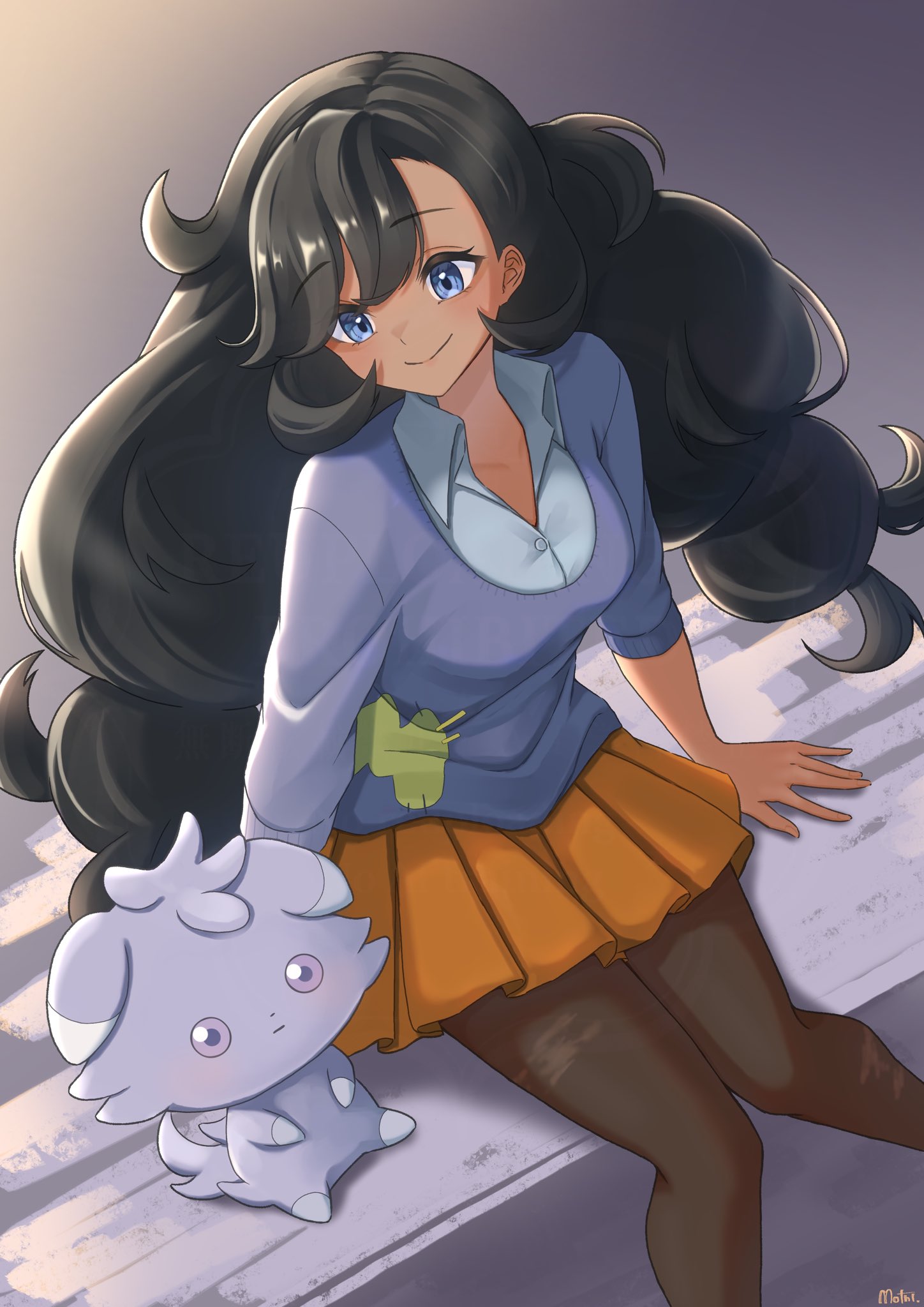 mochitaro (mothitaroo), emma (pokemon), espurr, nintendo, pokemon, pokemon xy, highres, 1girl, black hair, black pantyhose, blue eyes, blue shirt, blue sweater, blush, breasts, closed mouth, dark-skinned female, dark skin, gen 6 pokemon, long hair, orange skirt, pantyhose, patch, pokemon (creature), purple eyes, shirt, sitting, skirt, smile, sweater, white shirt