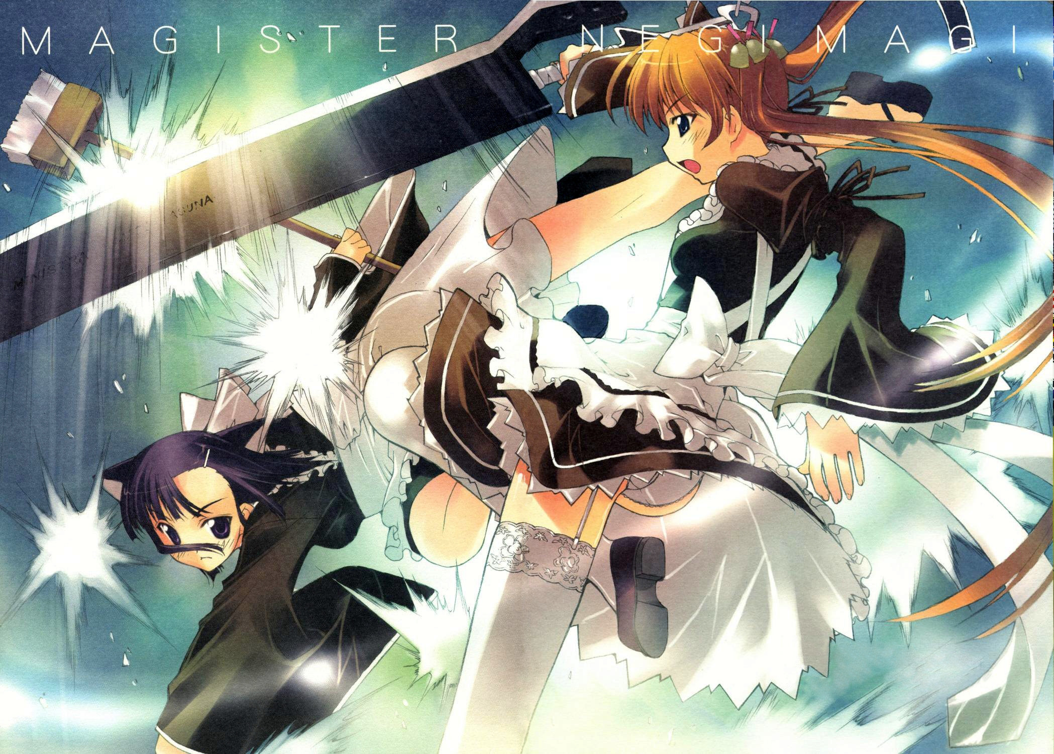 kagurazaka asuna, sakurazaki setsuna, mahou sensei negima!, highres, 00s, 2girls, alternate costume, animal ears, battle, bell, broom, enmaided, garter straps, goth fashion, hair bell, hair ornament, maid, multiple girls, panties, sword, thighhighs, twintails, underwear, weapon