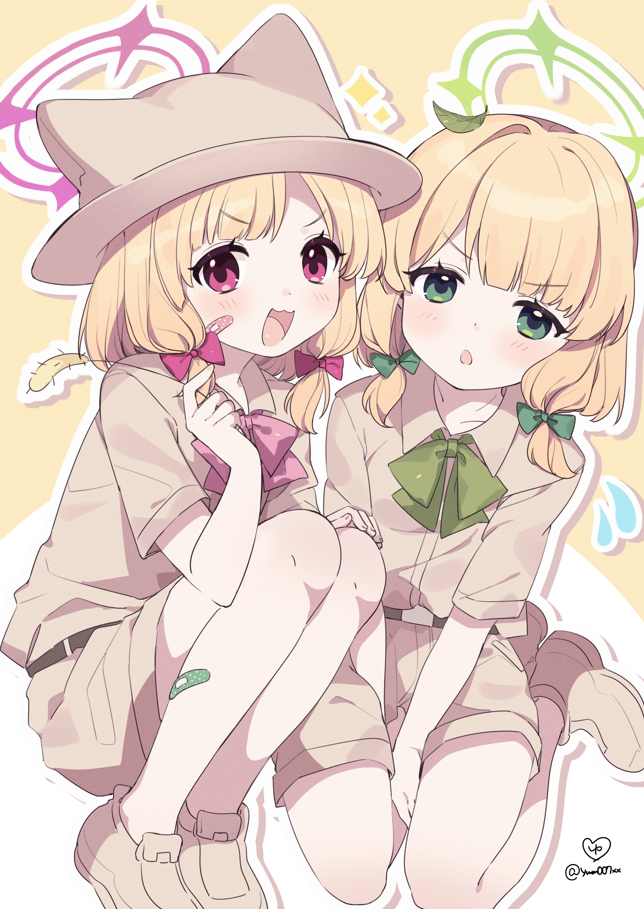 ymm007xx, midori (blue archive), momoi (blue archive), blue archive, absurdres, commentary, highres, 2girls, :3, :d, alternate costume, animal ear headwear, artist name, bandaid, bandaid on cheek, bandaid on face, bandaid on leg, belt, between legs, blonde hair, blush, bow, bowtie, brown belt, brown hat, brown shirt, brown shoes, brown shorts, cattail, collared shirt, fake animal ears, flying sweatdrops, green bow, green bowtie, green eyes, green halo, hair bow, halo, hand between legs, hand on own knee, hand up, hat, holding, holding plant, leaf, leaf on head, leaning to the side, legs together, looking at viewer, low-tied sidelocks, multiple girls, open mouth, outline, parted bangs, pink bow, pink bowtie, pink eyes, pink halo, plant, shirt, shoes, short hair, short sleeves, shorts, siblings, sidelocks, signature, simple background, sisters, sitting, smile, sparkle, squatting, twins, twitter username, two-tone background, v arms, white background, white outline, yellow background, yokozuwari