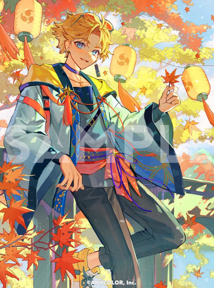 mebaru, yu q. wilson, nijisanji, nijisanji en, commentary request, official art, 1boy, alternate costume, autumn leaves, black pants, blonde hair, blue eyes, blue sky, cloud, copyright notice, earrings, eyewear on head, foot out of frame, grey-framed eyewear, grey jacket, holding, holding leaf, jacket, jewelry, leaf, looking at viewer, male focus, orange-tinted eyewear, pants, sample watermark, shoes, single earring, sky, solo, tinted eyewear, virtual youtuber, watermark, white shoes, wide sleeves