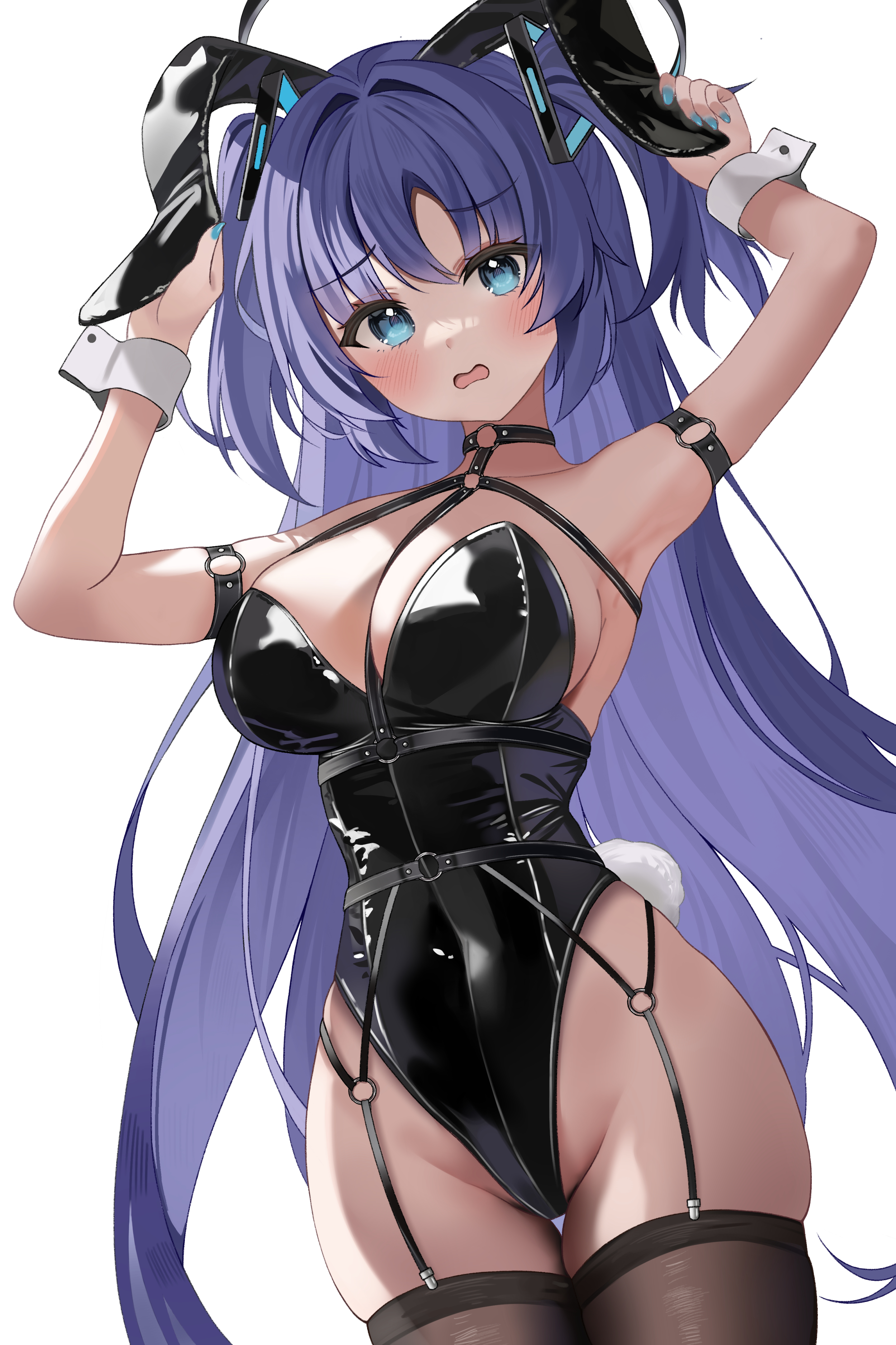 syuma, yuuka (blue archive), blue archive, absurdres, highres, 1girl, armpits, black leotard, blue eyes, blush, highleg, highleg leotard, leotard, looking at viewer, open mouth, playboy bunny, purple hair, solo, wrist cuffs