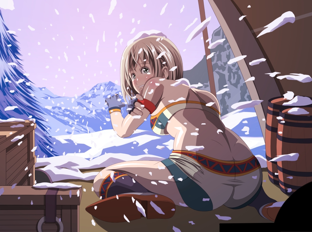 tsukumo (soar99), capcom, monster hunter (series), character request, 1girl, bikini, brown eyes, brown hair, camping, cold, female focus, fingerless gloves, from behind, gloves, kneeling, looking back, mountain, sitting, snow, snowing, solo, swimsuit, wariza, wind