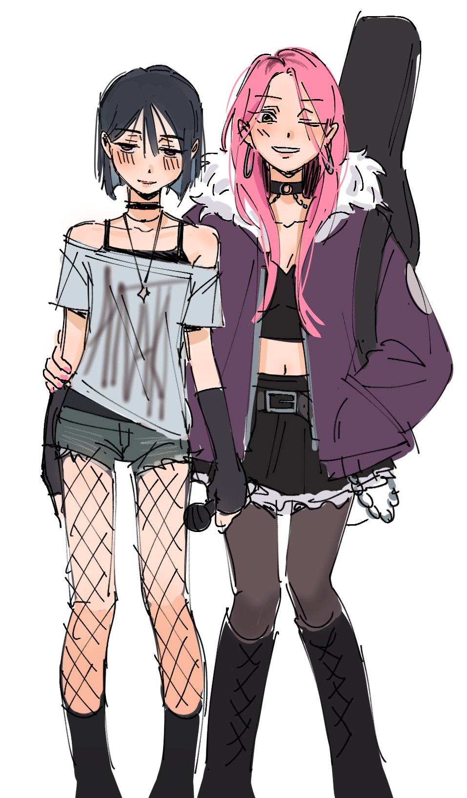 byubiyubi, mizi (alien stage), sua (alien stage), alien stage, alt text, commentary, english commentary, highres, 2girls, alternate costume, arm around waist, black choker, black gloves, black hair, black skirt, blunt ends, bob cut, borrowed design, choker, denim, denim shorts, earrings, fingerless gloves, fishnet pantyhose, fishnets, fur-trimmed jacket, fur trim, gloves, guitar case, hand in pocket, hoop earrings, instrument case, jacket, jewelry, long hair, multiple girls, off-shoulder shirt, off shoulder, one eye closed, pantyhose, pink hair, pink nails, purple eyes, purple jacket, shirt, short hair, shorts, skirt, white shirt, yellow eyes