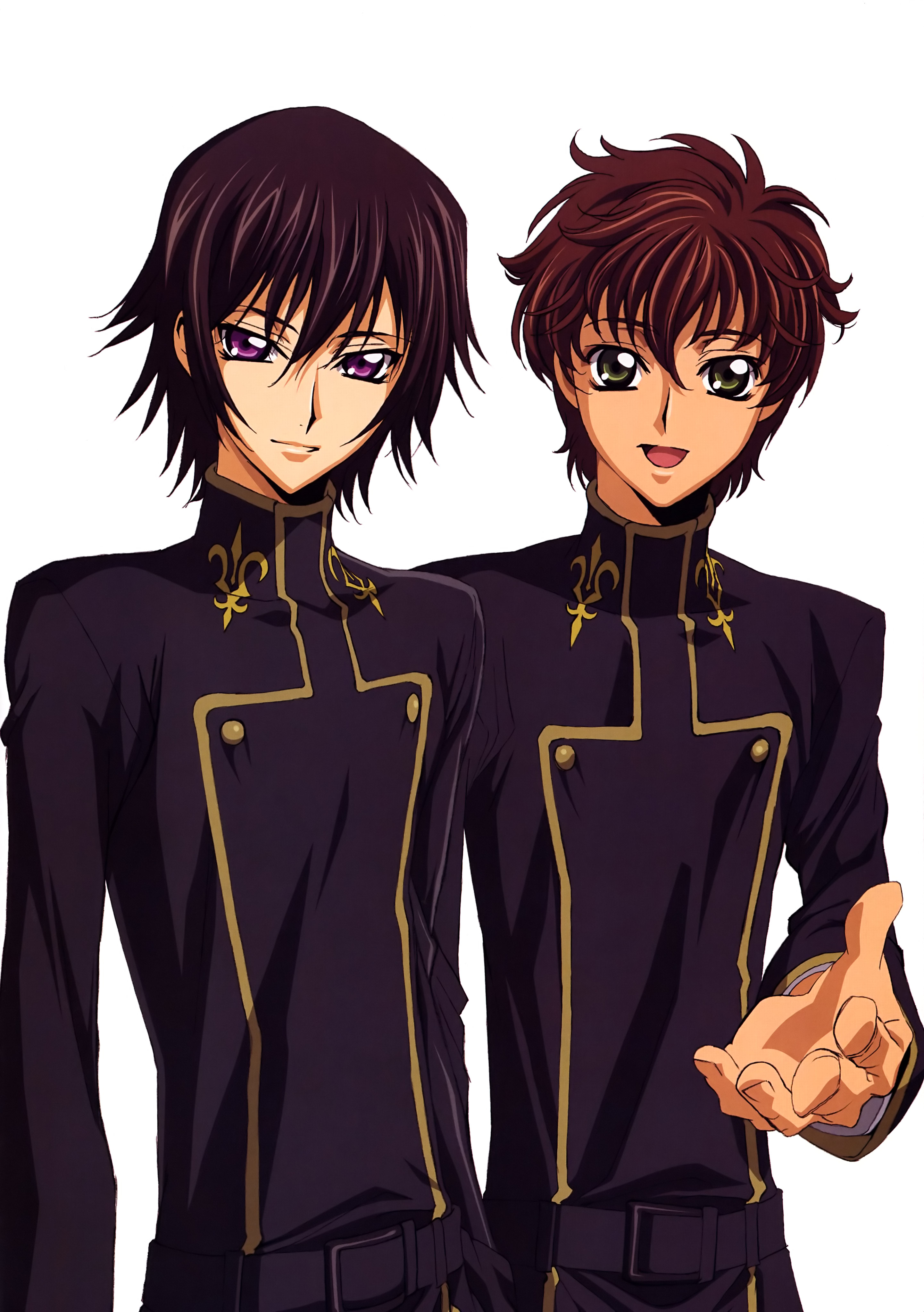 sakou yukie, kururugi suzaku, lelouch vi britannia, code geass, absurdres, highres, 00s, 2boys, belt, black hair, brown hair, green eyes, male focus, multiple boys, outstretched hand, purple eyes, reaching, school uniform, serafuku, simple background, smile, turtleneck, white background