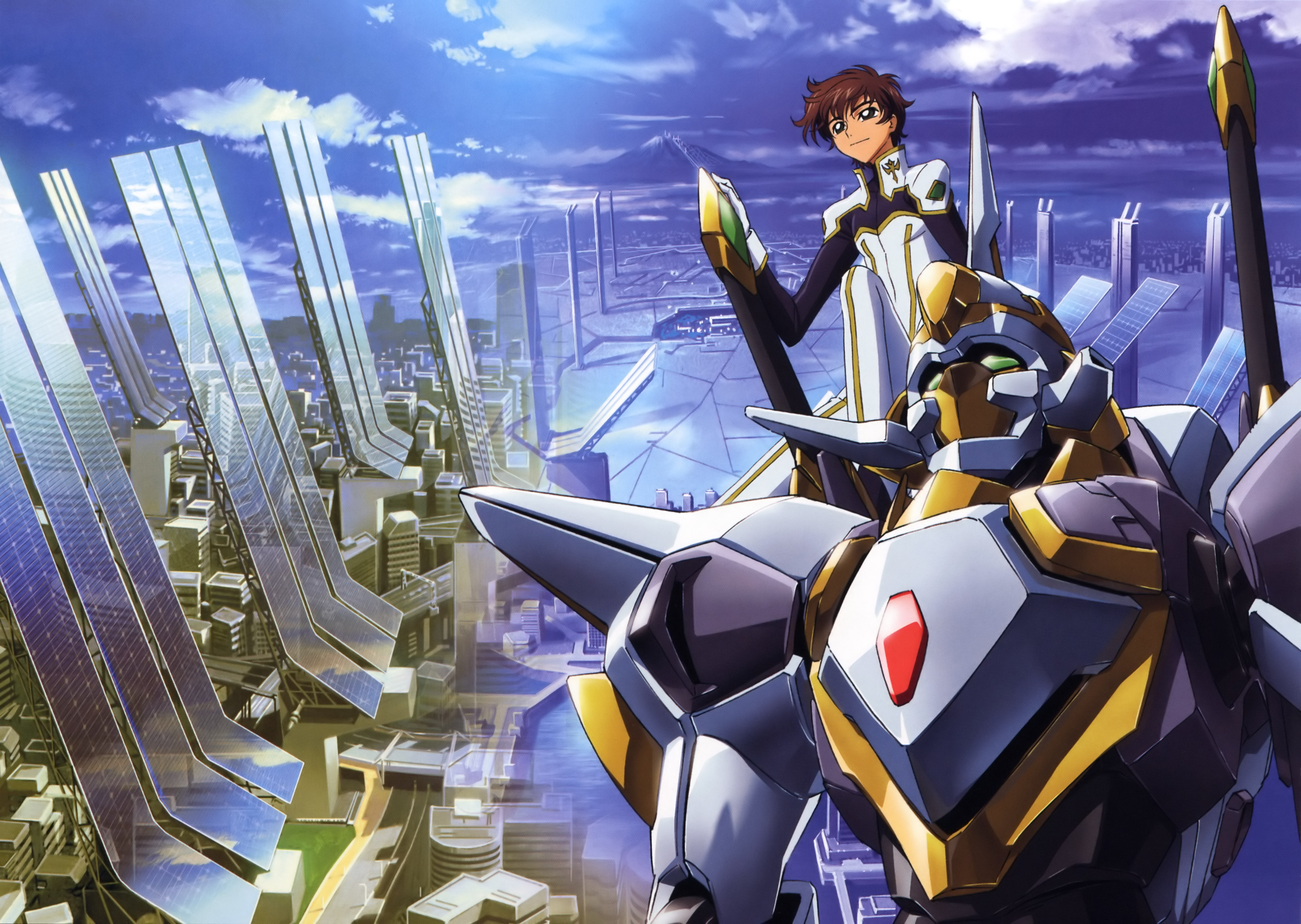 nakata eiji, kururugi suzaku, lancelot (code geass), lancelot z-01, code geass, absurdres, highres, official art, 00s, 1boy, building, day, mecha, robot, sky