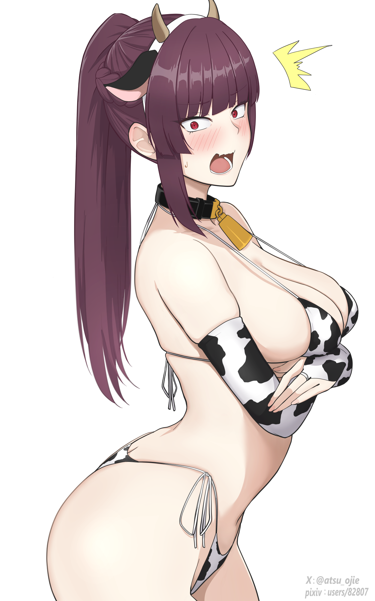 sumi ojie, wa2000 (girls' frontline), girls' frontline, commentary request, highres, 1girl, animal ears, animal print, bell, bikini, blunt bangs, breasts, cow ears, cow horns, cow print, cow print bikini, cowbell, fake animal ears, fake horns, horns, large breasts, long hair, navel, neck bell, print bikini, purple hair, red eyes, simple background, solo, strap gap, swimsuit, very long hair, white background, white bikini