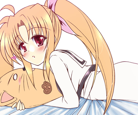 uminchu, fate testarossa, lyrical nanoha, mahou shoujo lyrical nanoha, 00s, 1girl, blonde hair, blush, female focus, hair ribbon, hugging object, lying, on stomach, pillow, pillow hug, red eyes, ribbon, school uniform, serafuku, solo, twintails