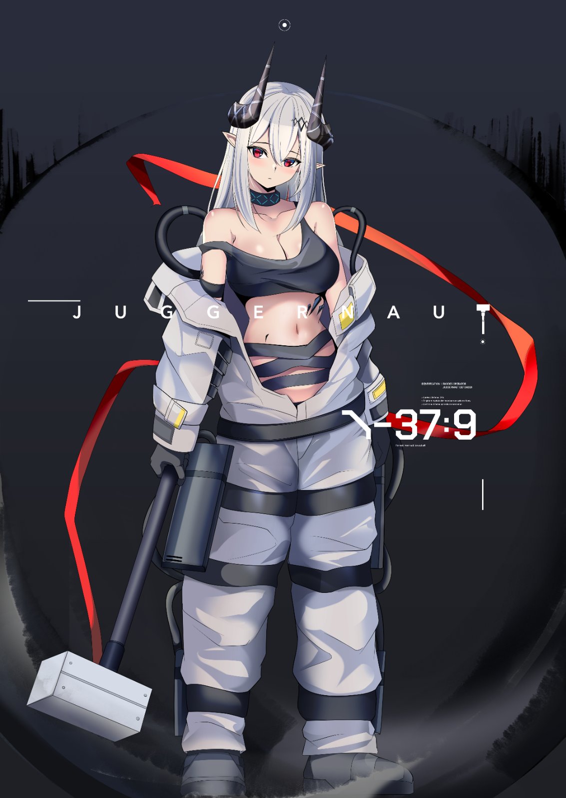 edelritter, infection monitor (arknights), mudrock (arknights), arknights, highres, 1girl, bare shoulders, black gloves, black horns, black sports bra, blush, breasts, cleavage, closed mouth, demon horns, full body, gloves, grey hair, hair ornament, hammer, holding, holding hammer, horns, jumpsuit, large breasts, long hair, looking at viewer, material growth, open jumpsuit, oripathy lesion (arknights), pointy ears, red eyes, solo, sports bra, standing, war hammer, weapon, white jumpsuit