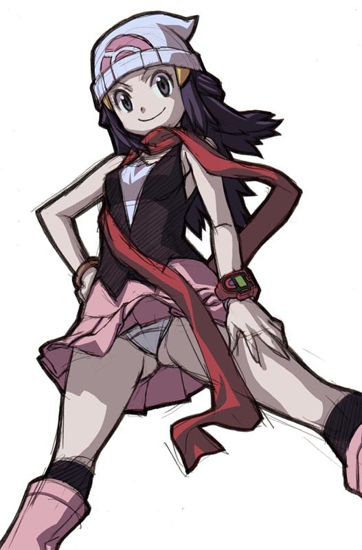 kei (bekei), dawn (pokemon), nintendo, pokemon, 1girl, beanie, black hair, boots, female focus, from below, grey eyes, hat, panties, pantyshot, pink boots, poketch, red scarf, scarf, simple background, smile, solo, underwear, watch, white background, wristwatch
