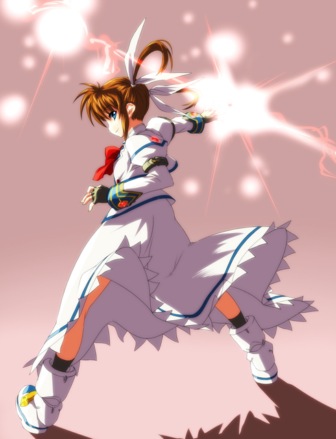 nekomamire, takamachi nanoha, lyrical nanoha, mahou shoujo lyrical nanoha, 00s, 1girl, blue eyes, boots, brown hair, female focus, fingerless gloves, from behind, full body, gloves, hair ribbon, looking back, magic, ribbon, short hair, skirt, smile, socks, solo, wind, wind lift
