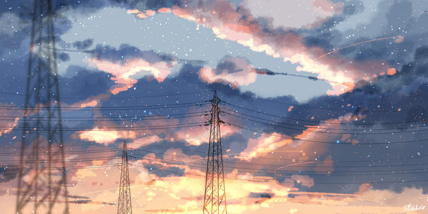 sakurada chihiro, original, artist name, blurry, blurry foreground, cloud, cloudy sky, light particles, no humans, outdoors, power lines, scenery, signature, sky, star (sky), sunset, transmission tower