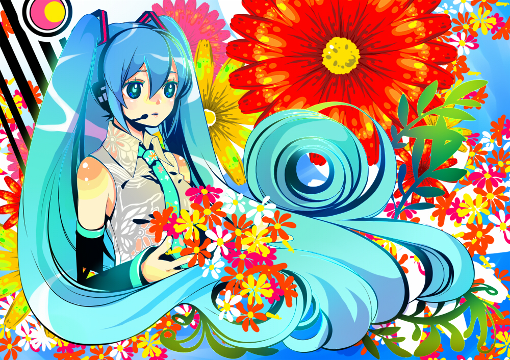 hashimochi, hatsune miku, saihate (vocaloid), vocaloid, striped, 1girl, aqua hair, circle, collared shirt, colorful, detached sleeves, female focus, floral background, flower, grey shirt, hair between eyes, hair ornament, headphones, headset, heart, heart-shaped pupils, long hair, microphone, necktie, shirt, solo, symbol-shaped pupils, twintails, upper body