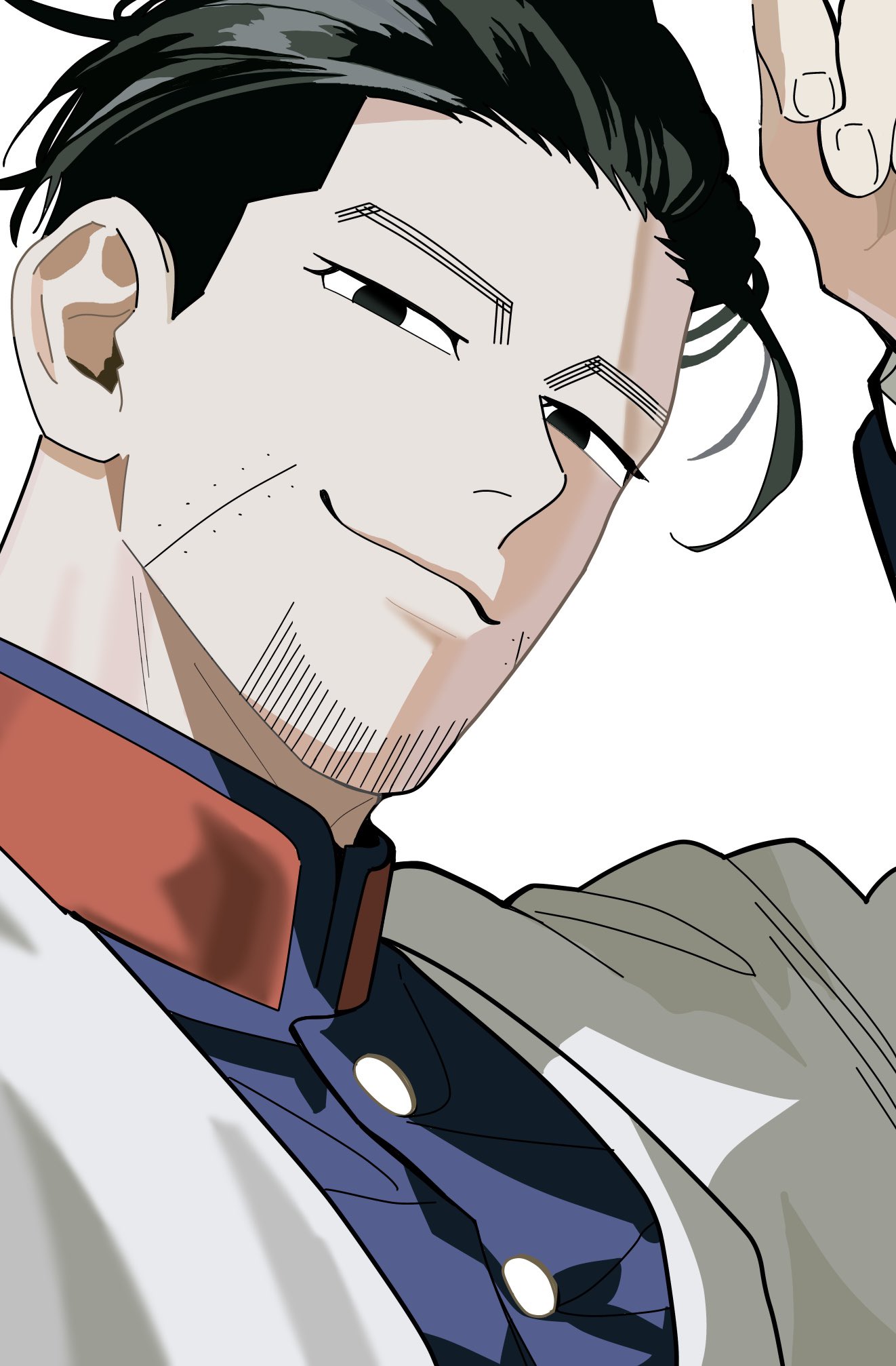 ogata hyakunosuke, golden kamuy, commentary request, highres, 1boy, arm up, black eyes, black hair, blue jacket, buttons, cape, cien 0422, closed mouth, collared jacket, facial hair, facial scar, fingernails, goatee, hair slicked back, jacket, looking at viewer, male focus, scar, scar on cheek, scar on face, short hair, short sideburns, simple background, smile, solo, upper body, white background, white cape