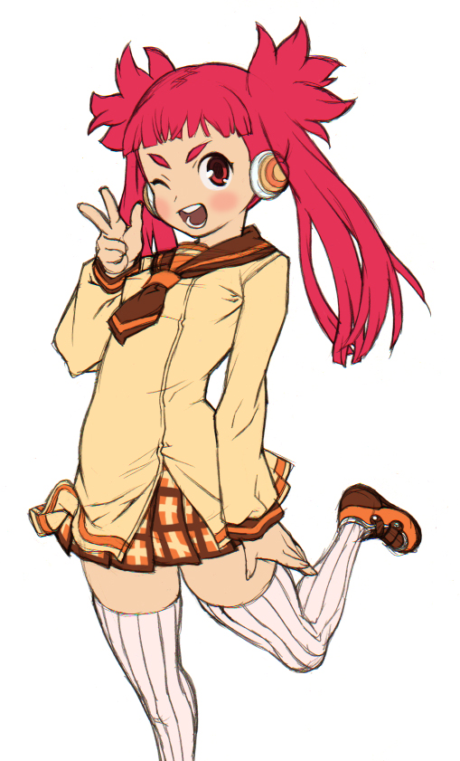 kei (bekei), card hero, haruka (card hero), headphones, long hair, one eye closed, plaid clothes, plaid skirt, red eyes, red hair, simple background, skirt, solo, thighhighs, twintails, v, white background, wink
