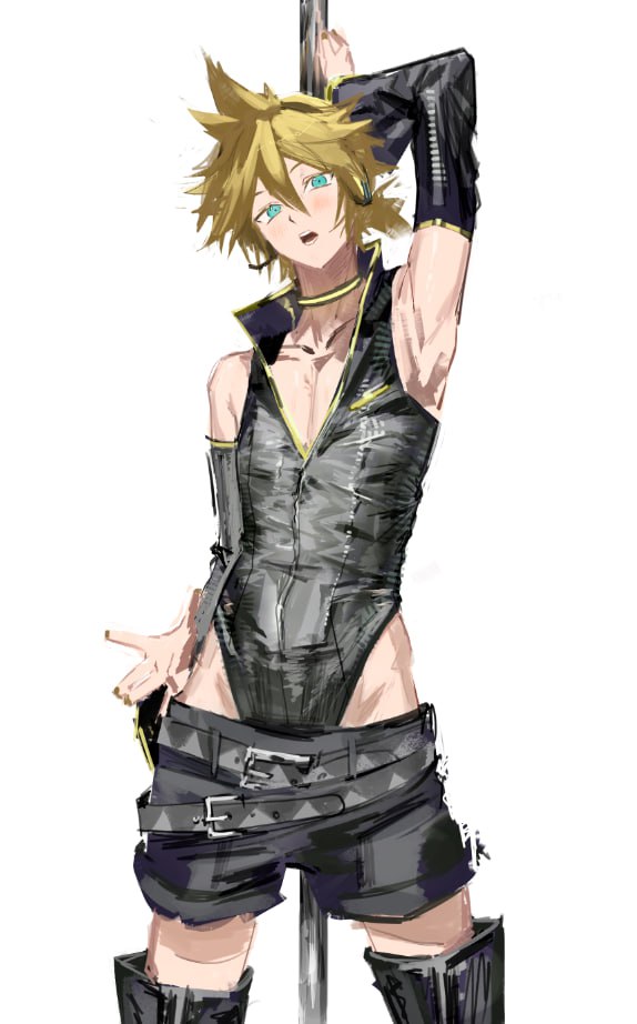 kagamine len, kagamine len (punkish), project diva (series), vocaloid, 1boy, aqua eyes, arm up, armpits, belt, black leotard, black shorts, black sleeves, blonde hair, blush, boots, choker, cowboy shot, detached sleeves, gold choker, hair between eyes, headphones, highleg, highleg leotard, leotard, looking at viewer, male focus, open mouth, pole, rminari74, short hair, shorts, simple background, solo, spiked hair, standing, thigh boots, thighhighs, white background