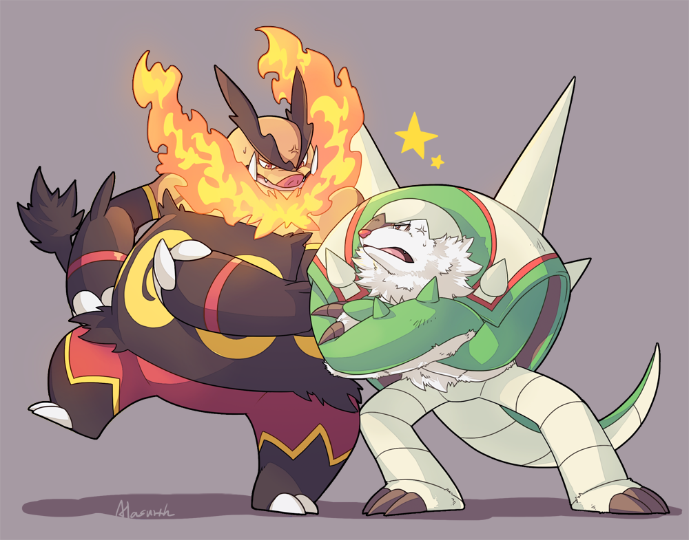meganemido, chesnaught, emboar, nintendo, pokemon, anger vein, black eyes, black fur, boar, brown claws, chest fur, claw pose, colored skin, crossed arms, fiery hair, gen 5 pokemon, gen 6 pokemon, green skin, grey skin, multicolored skin, no humans, orange skin, pig snout, pokemon (creature), pokemon focus, red eyes, red nose, red skin, spiked shell, spikes, tail, thick eyebrows, trait connection, tusks, two-tone fur, two-tone skin, v-shaped eyebrows, v-shaped eyes, white fur, yellow fur