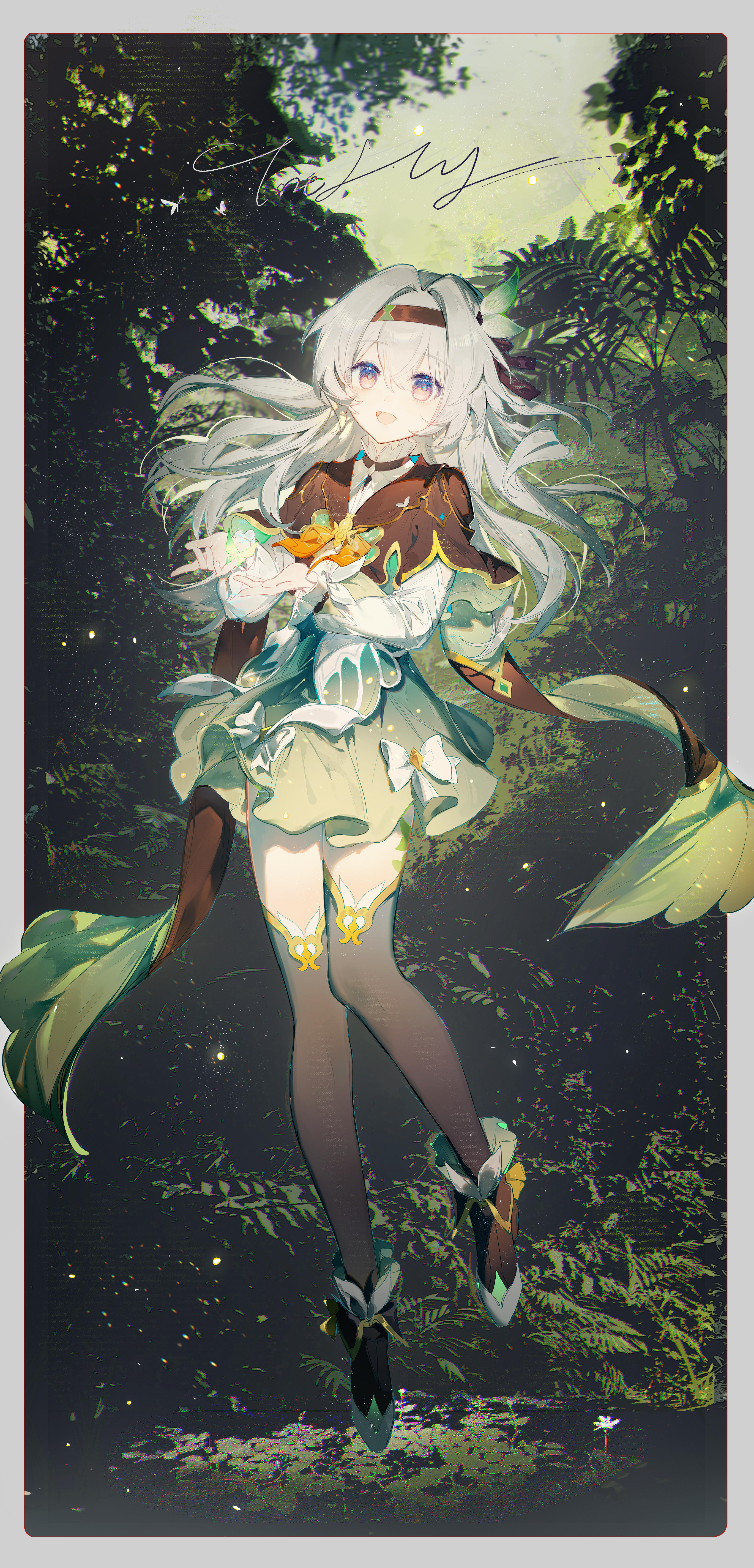 qianqianjie, firefly (honkai: star rail), honkai: star rail, honkai (series), absurdres, highres, 1girl, black hairband, black thighhighs, border, bow, cropped jacket, fireflies, floating, floating hair, full body, green skirt, grey hair, hair between eyes, hair ornament, hairband, high heels, jacket, long hair, long sleeves, looking at viewer, multicolored eyes, open mouth, shirt, skirt, smile, solo, thighhighs, white border, white bow, white shirt