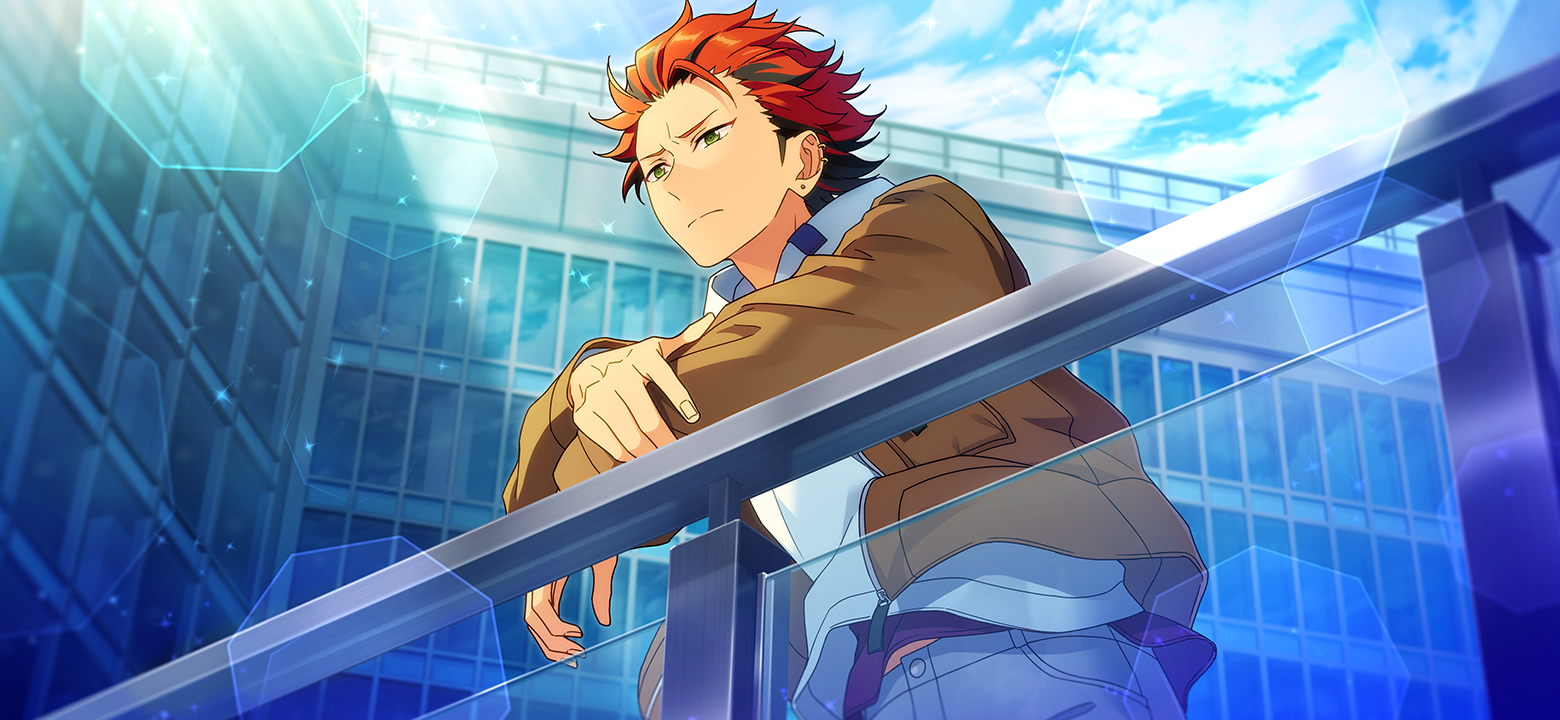 happy elements, kiryu kuro, ensemble stars!, official art, third-party source, 1boy, black hair, blade & fist (ensemble stars!), brown jacket, closed mouth, cloud, cowboy shot, ear piercing, earrings, fingernails, green eyes, jacket, jewelry, long sleeves, male focus, multicolored hair, open clothes, open jacket, outdoors, piercing, red hair, short hair, sky, solo, stud earrings, two-tone hair