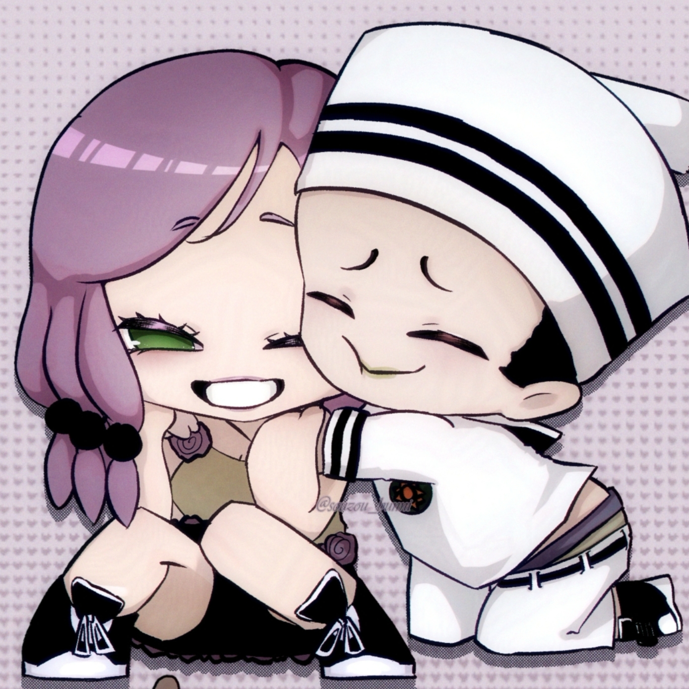 higashikata josuke (jojolion), hirose yasuho, jojo no kimyou na bouken, jojolion, commentary request, highres, 1boy, 1girl, belt, black belt, black hair, black shoes, cheek-to-cheek, chibi, chibi only, closed eyes, couple, dixie cup hat, flower ornament, green eyes, hair bobbles, hair ornament, hat, heads together, hug, kneeling, long sleeves, makeup, military hat, one eye closed, pants, purple hair, sailor, sailor collar, sailor hat, shirt, shoes, shorts, sleeveless, sleeveless shirt, smile, sneakers, souzou bunni, teeth, white hat, white pants, white sailor collar, white shirt, yellow shirt