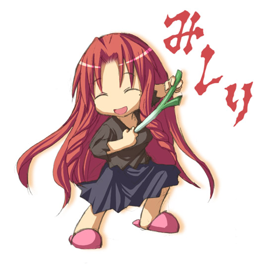 kasuga yukihito, naba chizuru, mahou sensei negima!, 00s, 1girl, :d, ^ ^, black sweater, blue skirt, breasts, casual, closed eyes, drill hair, female focus, food, full body, holding, holding food, legs apart, long hair, medium breasts, mole, mole under eye, no socks, open mouth, parted bangs, red hair, simple background, skirt, slippers, smile, solo, spring onion, standing, sweater, very long hair, white background