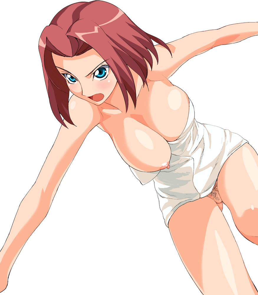 a1 (initial-g), kouzuki kallen, code geass, 00s, 1girl, blue eyes, breast slip, breasts, female focus, female pubic hair, large breasts, naked towel, nipples, no panties, one breast out, pubic hair, red hair, solo, towel, uncensored