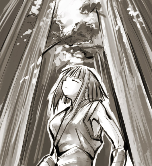kasuga yukihito, nagase kaede, mahou sensei negima!, 00s, 1girl, breasts, closed eyes, female focus, greyscale, monochrome, nature, ninja, outdoors, short hair, solo, tree
