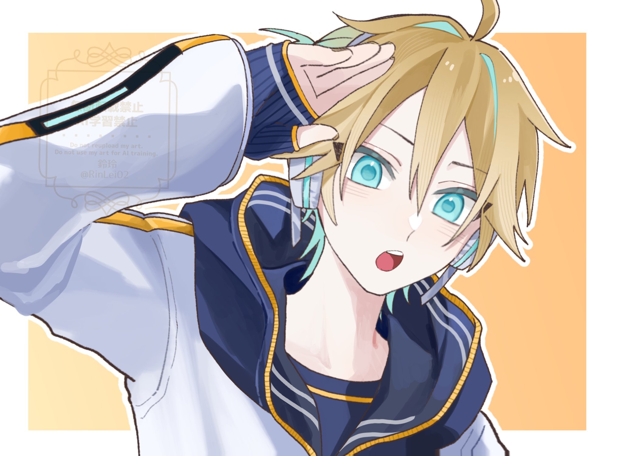 rinlei 02, kagamine len, piapro studio, vocaloid, highres, 1boy, ahoge, aqua eyes, black sailor collar, blonde hair, blue eyes, headphones, hood, jacket, kagamine len (nt), long sleeves, looking at viewer, male focus, multicolored hair, open mouth, sailor collar, salute, short hair, solo, upper body, white jacket
