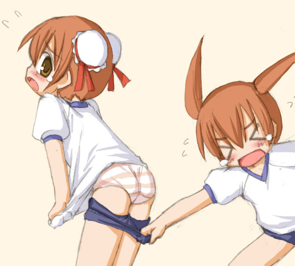 kasuga yukihito, narutaki fumika, narutaki fuuka, mahou sensei negima!, > <, 00s, 2girls, ass, assisted exposure, blouse, buruma, buruma pull, closed eyes, clothes pull, double bun, embarrassed, hair between eyes, hair bun, multiple girls, panties, pantsing, pulling another's clothes, shirt, shirt tug, siblings, simple background, sisters, standing, striped clothes, striped panties, tears, twins, underwear, white shirt
