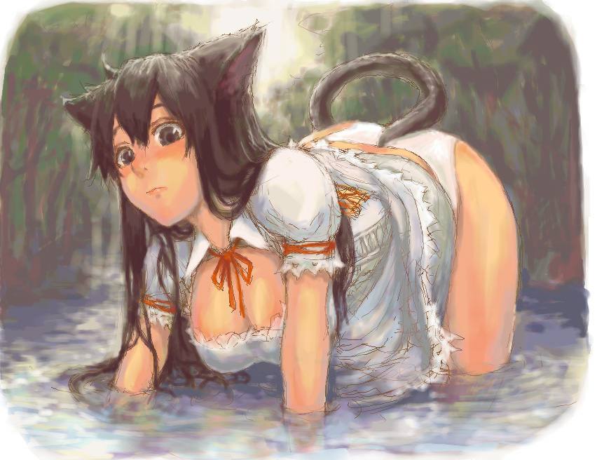 sasagawa (haikaiki), 1girl, all fours, animal ears, black eyes, black hair, breasts, female focus, hanging breasts, large breasts, long hair, panties, solo, tail, underwear, water