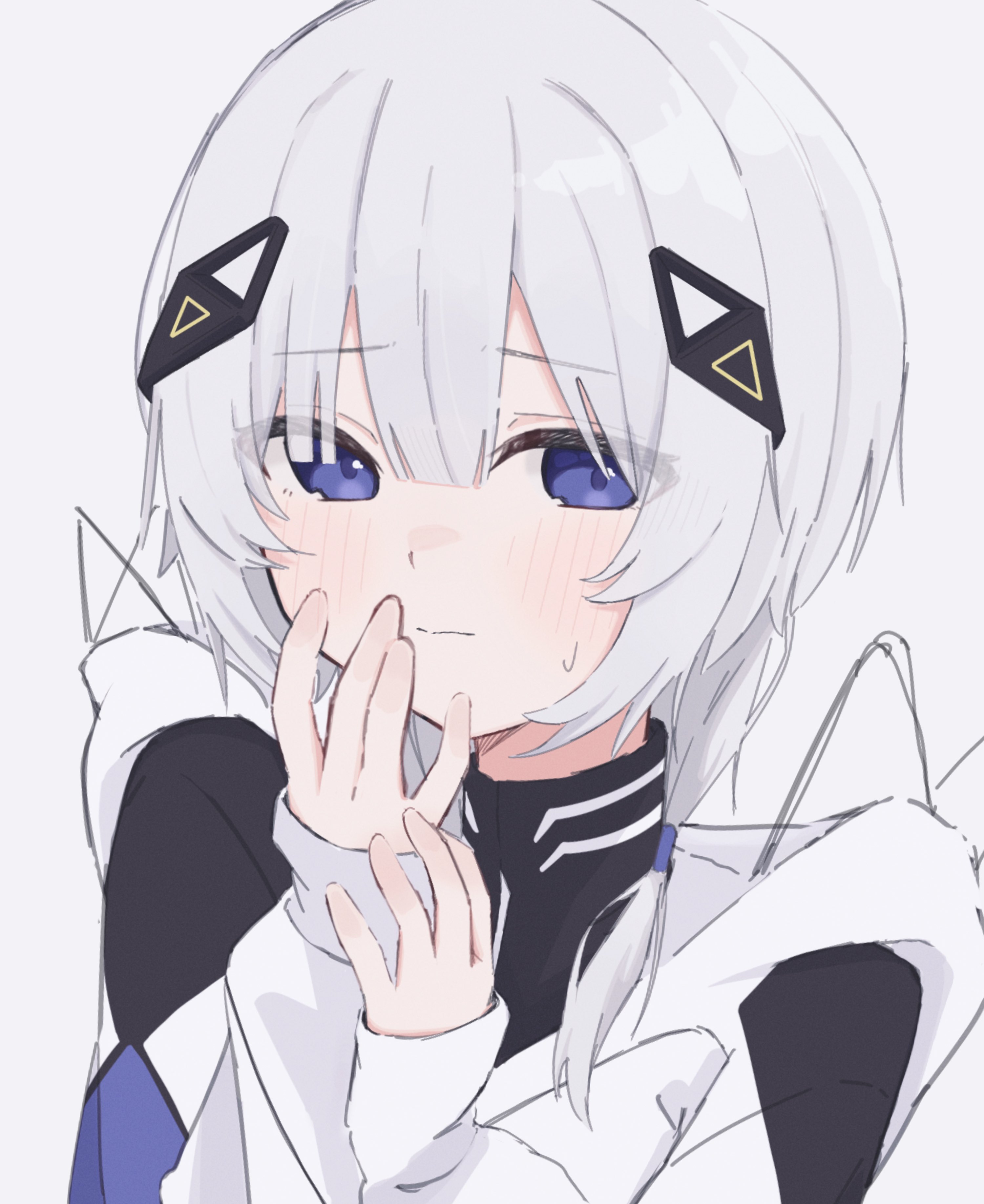 saka (sa ka), kafu (cevio), cevio, absurdres, highres, 1girl, blush, closed mouth, diamond hair ornament, embarrassed, grey background, hair ornament, hair over shoulder, hands up, hood, hood down, hooded jacket, jacket, long sleeves, looking at viewer, low twintails, multicolored jacket, raised eyebrows, simple background, sleeves past wrists, solo, sweatdrop, turtleneck, twintails, upper body, white background, white hair, white jacket