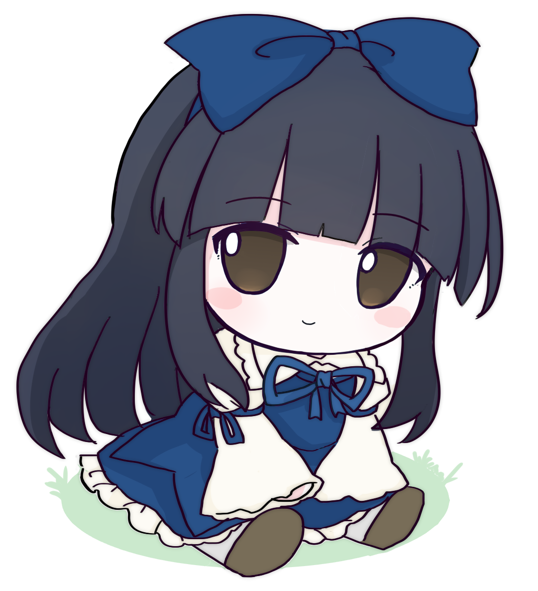 azuma meri, star sapphire, touhou, commentary request, 1girl, black hair, blue bow, blue dress, blue hairband, blunt bangs, blush stickers, bow, bow hairband, closed mouth, dress, full body, fumo (doll), grass, hair bow, hairband, long hair, long sleeves, looking at viewer, simple background, sitting, sleeves past fingers, sleeves past wrists, smile, solo, very long hair, white background