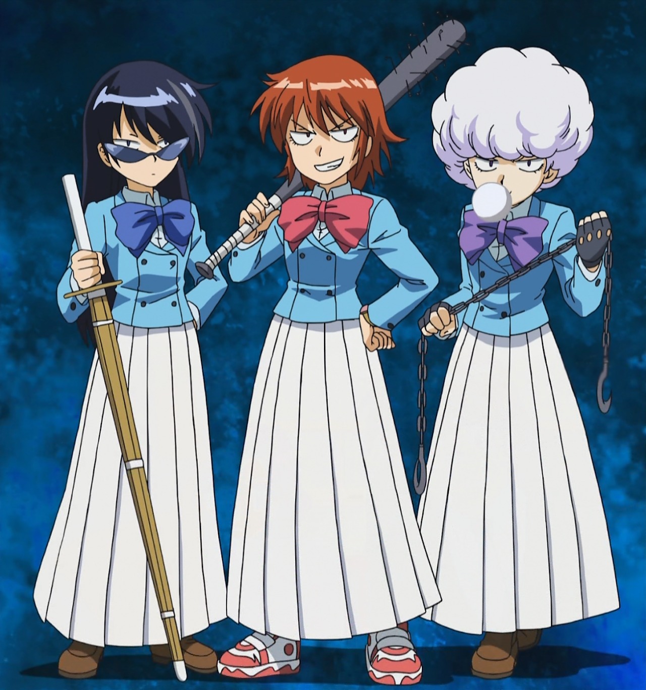 akashi kaoru, nogami aoi, sannomiya shiho, zettai karen children, anime screenshot, derivative work, highres, non-web source, vector trace, 00s, 3girls, aged up, baseball bat, blowing bubble gum, blowing bubbles, blue-tinted eyewear, bokken, chain, chewing gum, delinquent, long skirt, looking over eyewear, looking over glasses, multiple girls, nail (hardware), nail bat, pleated skirt, school uniform, shinai, skirt, sukeban, sunglasses, sword, tinted eyewear, weapon, white skirt, wooden sword