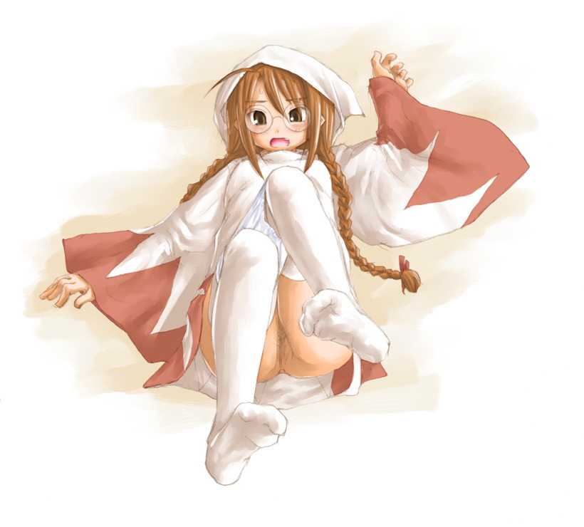kasuga yukihito, hasegawa chisame, white mage (final fantasy), final fantasy, mahou sensei negima!, 1girl, ahoge, braid, brown hair, censored, cosplay, fang, female focus, female pubic hair, glasses, loli, long hair, lying, no panties, on back, panties, panty pull, pubic hair, pussy, round eyewear, solo, thighhighs, twin braids, twintails, underwear, white mage (final fantasy) (cosplay), white thighhighs, wide sleeves