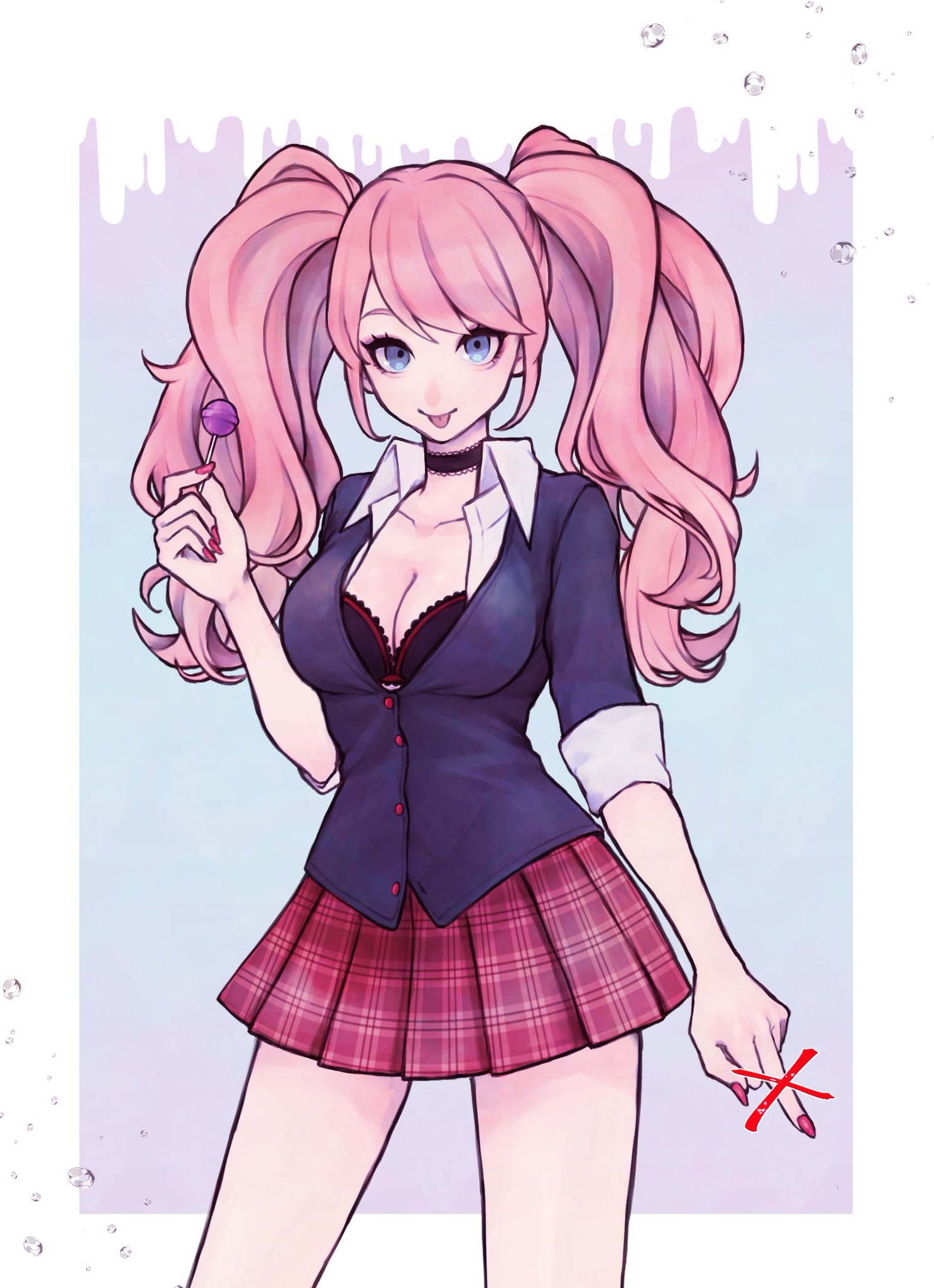 htjnboxod, enoshima junko, danganronpa: trigger happy havoc, danganronpa (series), commentary request, highres, 1girl, :p, aegyo sal, arm at side, big hair, black bra, black choker, black shirt, blue eyes, border, bra, breasts, bubble, buttons, candy, choker, cleavage, closed mouth, collarbone, collared shirt, cowboy shot, food, grey background, hair between eyes, hand up, holding, holding candy, holding food, holding lollipop, lace, lace-trimmed bra, lace-trimmed choker, lace trim, large breasts, lollipop, looking at viewer, middle finger, miniskirt, nail polish, outside border, partially unbuttoned, pink hair, plaid clothes, plaid skirt, pleated skirt, red nails, red skirt, shirt, simple background, skirt, smile, solo, standing, swept bangs, three-quarter sleeves, tongue, tongue out, twintails, underwear, wavy hair, white border, white sleeve cuffs