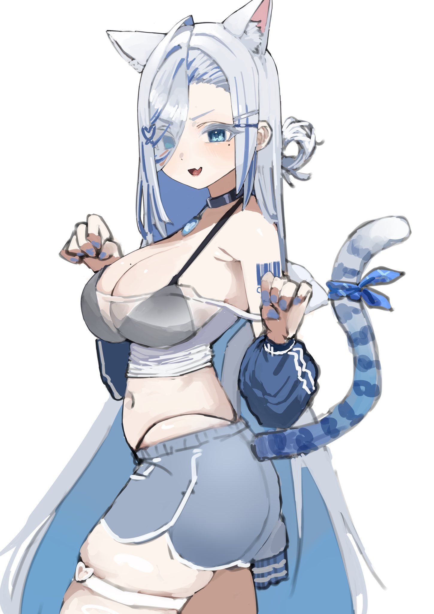 ging nari, indie virtual youtuber, highres, 1girl, 570 ml, animal ears, armpit crease, barcode, barcode tattoo, bare shoulders, black bra, black choker, blue eyes, blue jacket, blue shorts, bra, breasts, camisole, cat ears, cat girl, cat tail, choker, cleavage, colored eyelashes, crop top, dolphin shorts, extra ears, eyes visible through hair, fang, hair over one eye, hair ribbon, highleg, jacket, large breasts, long hair, looking at viewer, midriff, mole, mole on breast, mole under eye, multicolored hair, nail polish, navel, off shoulder, open mouth, panty straps, ribbon, see-through clothes, see-through shirt, shirt, short shorts, shorts, simple background, skindentation, sleeveless, sleeveless shirt, smile, solo, spaghetti strap, stomach, strap slip, streaked hair, string bra, tail, tail raised, tattoo, thigh strap, two-tone hair, underwear, v-shaped eyebrows, very long hair, virtual youtuber, white background, white eyelashes, white hair, white shirt