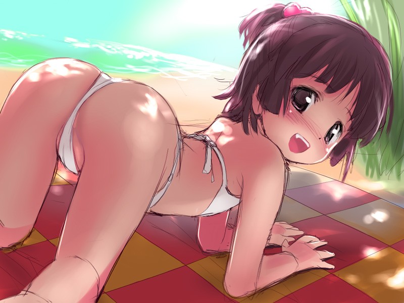 hima, porom, final fantasy, final fantasy iv, square enix, source request, 1girl, all fours, ass, beach, beach towel, bent over, bikini, blush, bow, brown eyes, brown hair, fang, female focus, flat chest, from behind, grass, hair bow, loli, long hair, looking at viewer, looking back, ocean, open mouth, outdoors, pink bow, ponytail, sand, smile, solo, swimsuit, teeth, towel, water, white bikini