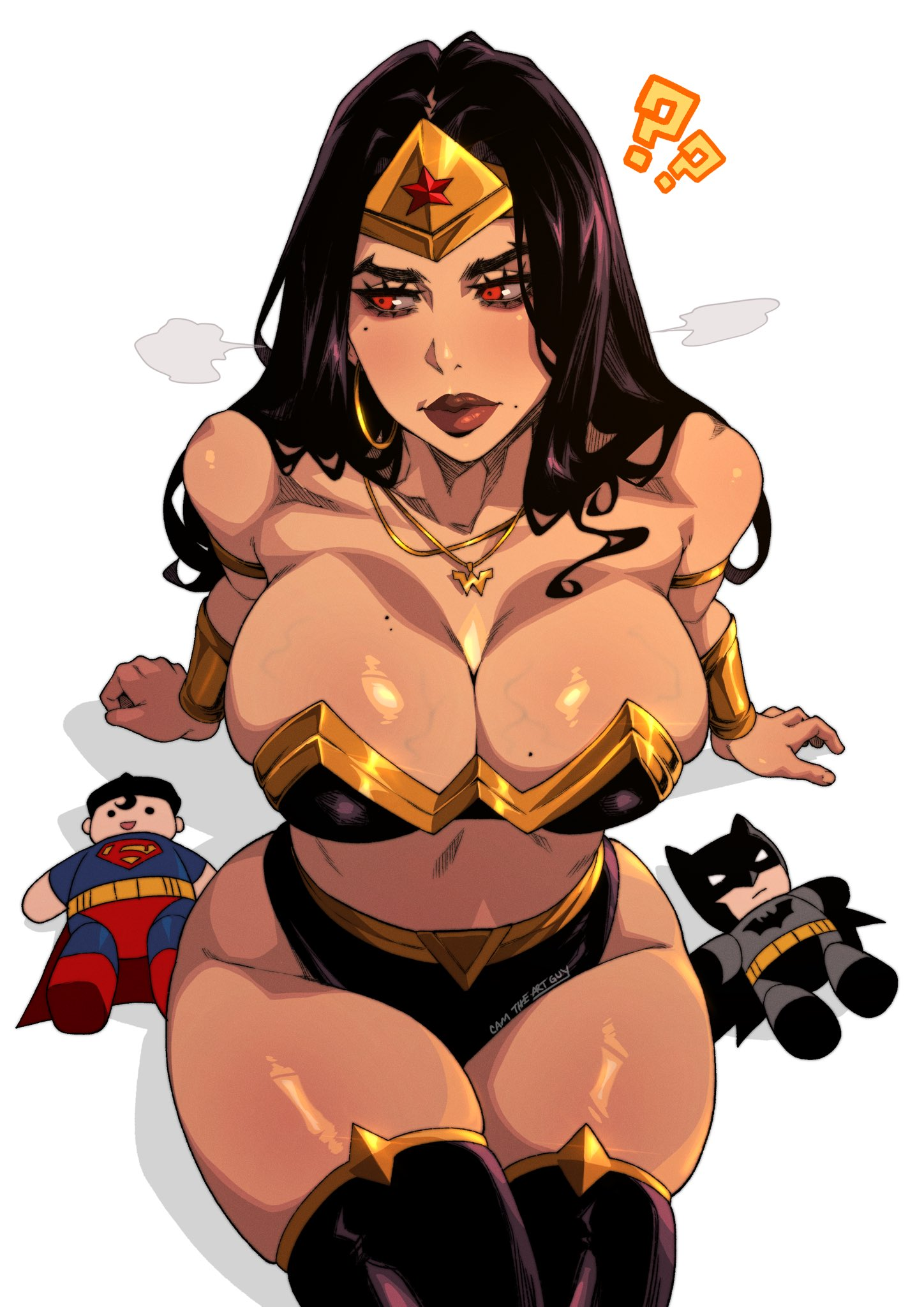 wonder woman, dc comics, artist request, 1girl, armor, artist name, bikini, bikini armor, black bikini, black hair, black thighhighs, breasts, earrings, eyelashes, female armor, gold necklace, gold trim, headgear, heavy breathing, hoop earrings, jewelry, lips, mole, mole under eye, mole under mouth, muscular, muscular female, necklace, red eyes, skindentation, stuffed toy, swimsuit, thick lips, thick thighs, thighhighs, thighs, tiara, veins, veiny breasts