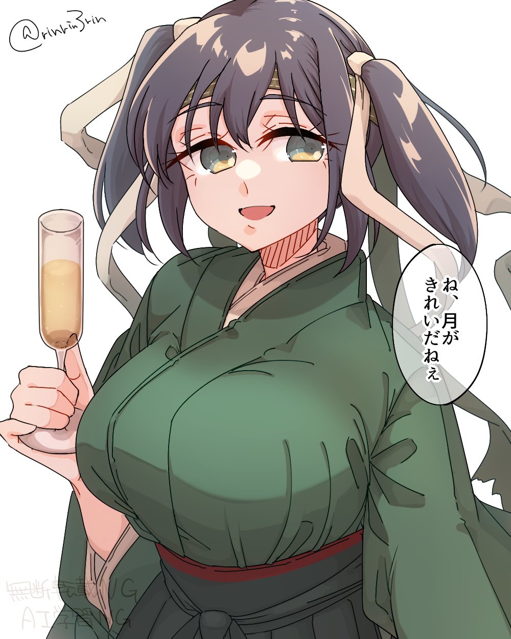 matsunaga (haku), souryuu (kancolle), souryuu kai ni (kancolle), kantai collection, highres, 1girl, blue eyes, blue hair, blush, breasts, champagne flute, cup, drinking glass, green hakama, green kimono, hair ribbon, hakama, hakama short skirt, hakama skirt, headband, japanese clothes, kimono, large breasts, long hair, open mouth, ribbon, skirt, smile, solo, speech bubble, twintails