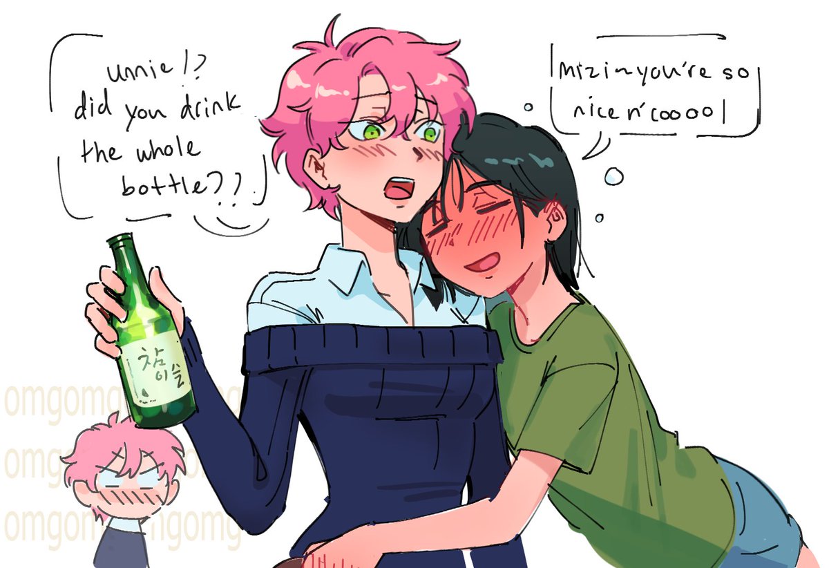 byubiyubi, mizi (alien stage), sua (alien stage), alien stage, commentary, english commentary, 2girls, black hair, blank eyes, blush, bottle, closed eyes, collared shirt, drunk, english text, full-face blush, green eyes, green shirt, holding, holding bottle, long sleeves, multiple girls, off-shoulder sweater, off shoulder, pink hair, shirt, short hair, short sleeves, smile, sweater, very short hair, white shirt