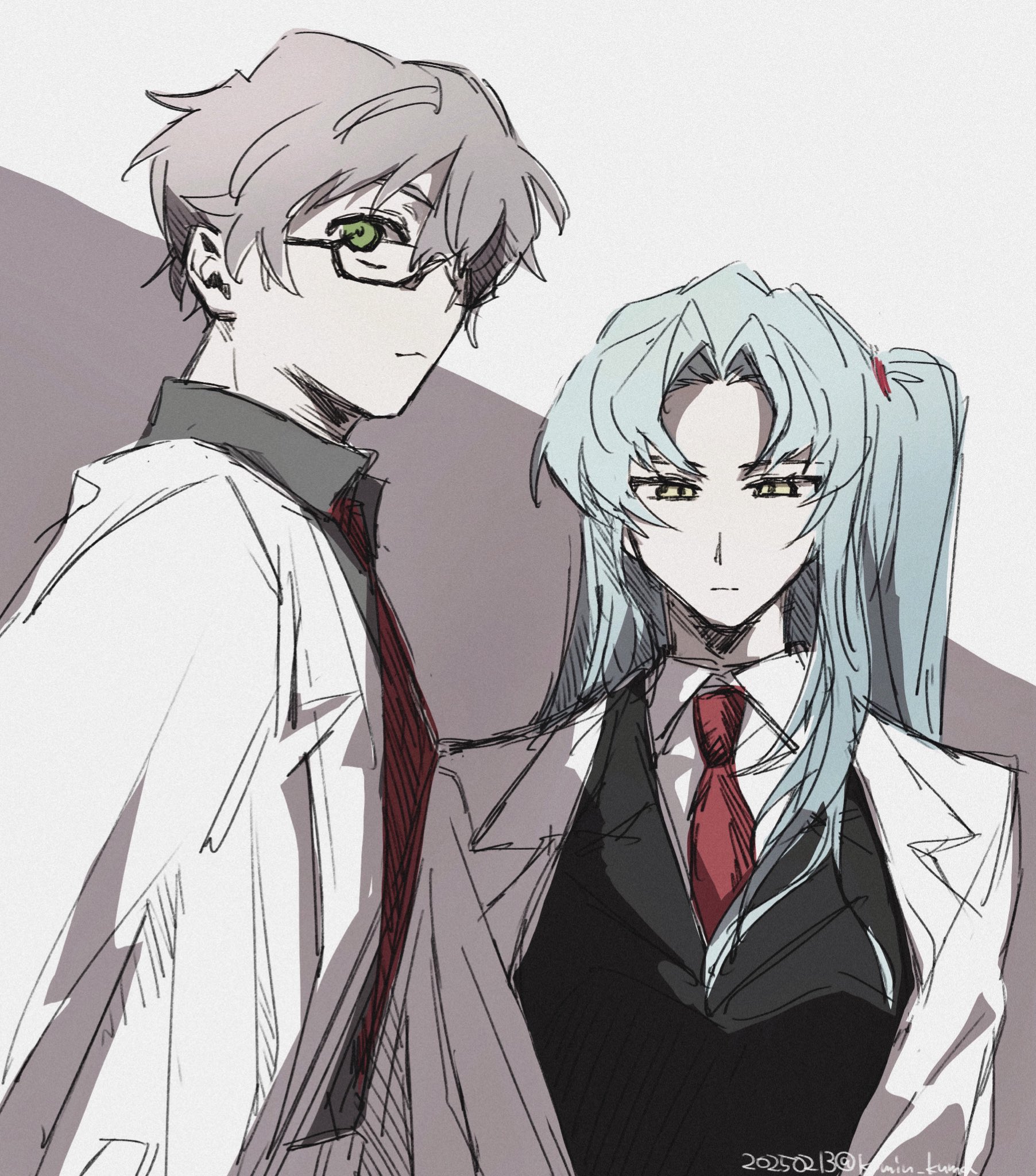 angela (project moon), benjamin (project moon), lobotomy corporation, project moon, highres, 1boy, 1girl, black vest, blue hair, coat, collared shirt, dated, glasses, green eyes, grey hair, komin kuma, lab coat, lapels, long hair, necktie, notched lapels, one side up, parted bangs, red necktie, shirt, sidelocks, very long hair, vest, white coat, white shirt, yellow eyes
