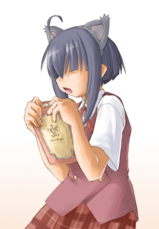 kasuga yukihito, miyazaki nodoka, mahou sensei negima!, 00s, animal ears, book, cat ears, hair over eyes, open mouth, plaid clothes, plaid skirt, pointy ears, school uniform, serafuku, skirt, solo