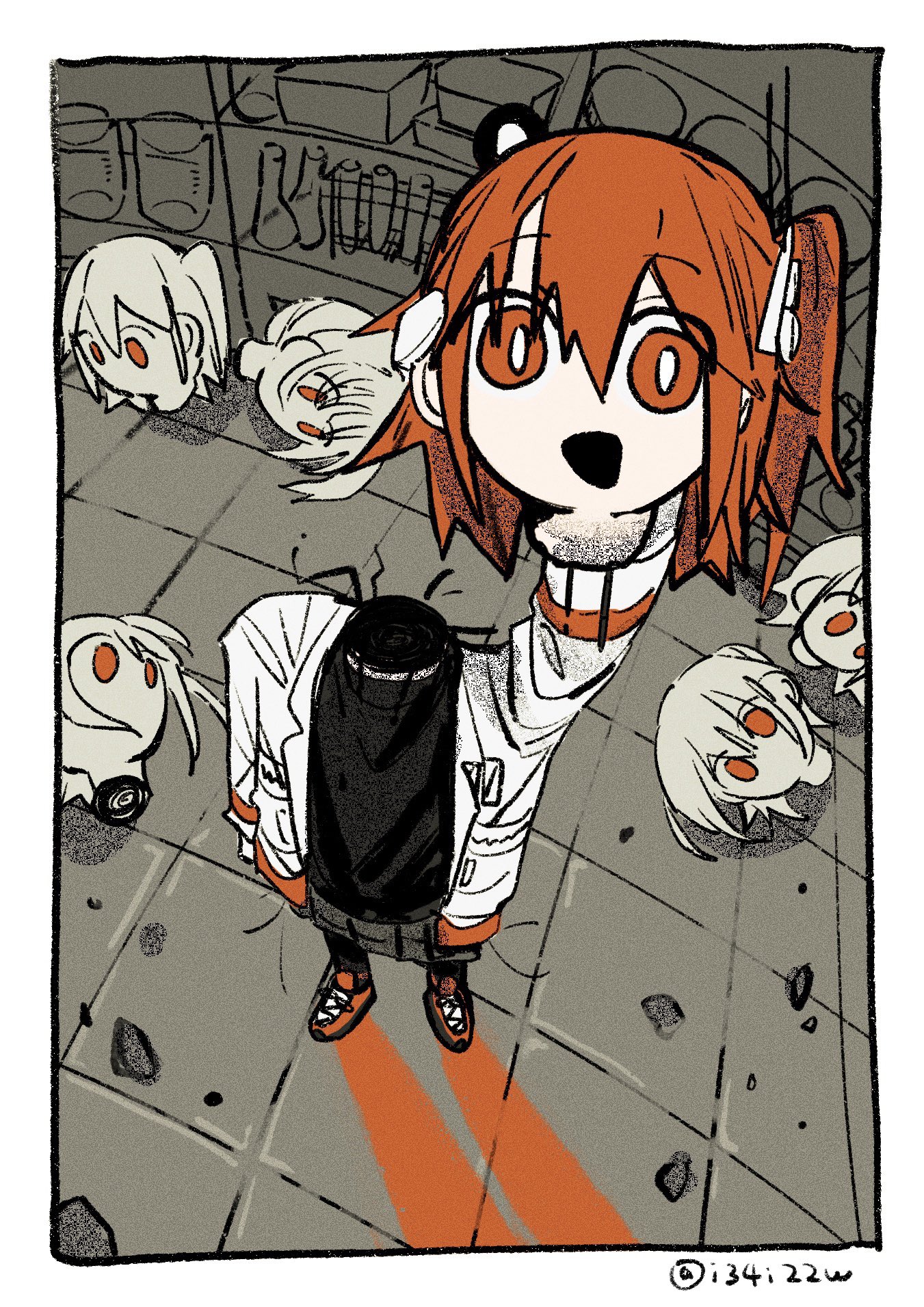 izayoi (i34i22w), adachi rei, a.i. voice, utau, highres, 1girl, black shirt, border, bright pupils, disembodied head, from above, grey skirt, hair ribbon, headlamp, humanization, jacket, long sleeves, looking at viewer, looking up, medium hair, one side up, open mouth, orange eyes, orange hair, outside border, pleated skirt, radio antenna, ribbon, shirt, shoes, skirt, smile, sneakers, standing, tile floor, tiles, turtleneck, twitter username, white border, white jacket, white pupils, white ribbon