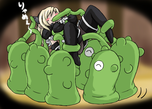 azu (warehouse86), fatina, roper, druaga no tou, translated, 1girl, blush, blush stickers, dress, female focus, gothic lolita, gradient background, imminent rape, lolita fashion, long hair, motion lines, pantyhose, rape, solo, tentacles