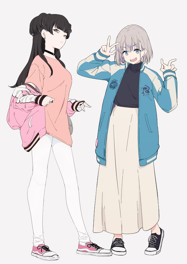 sohin, mayuzumi fuyuko, serizawa asahi, idolmaster, idolmaster shiny colors, commentary, 2girls, :d, black choker, black hair, black shirt, black shoes, blue eyes, blue jacket, breasts, brown eyes, choker, closed mouth, clothes down, dress, earrings, expressionless, full body, grey background, grey hair, hand up, jacket, jewelry, long dress, long hair, long sleeves, looking at viewer, medium breasts, multiple girls, multiple rings, open clothes, open jacket, open mouth, pants, pink jacket, pink shirt, ring, shirt, shirt tucked in, shoes, short hair, simple background, skirt, smile, sneakers, standing, t-shirt, teeth, tight clothes, tight pants, two side up, upper teeth only, w, white pants, yellow skirt