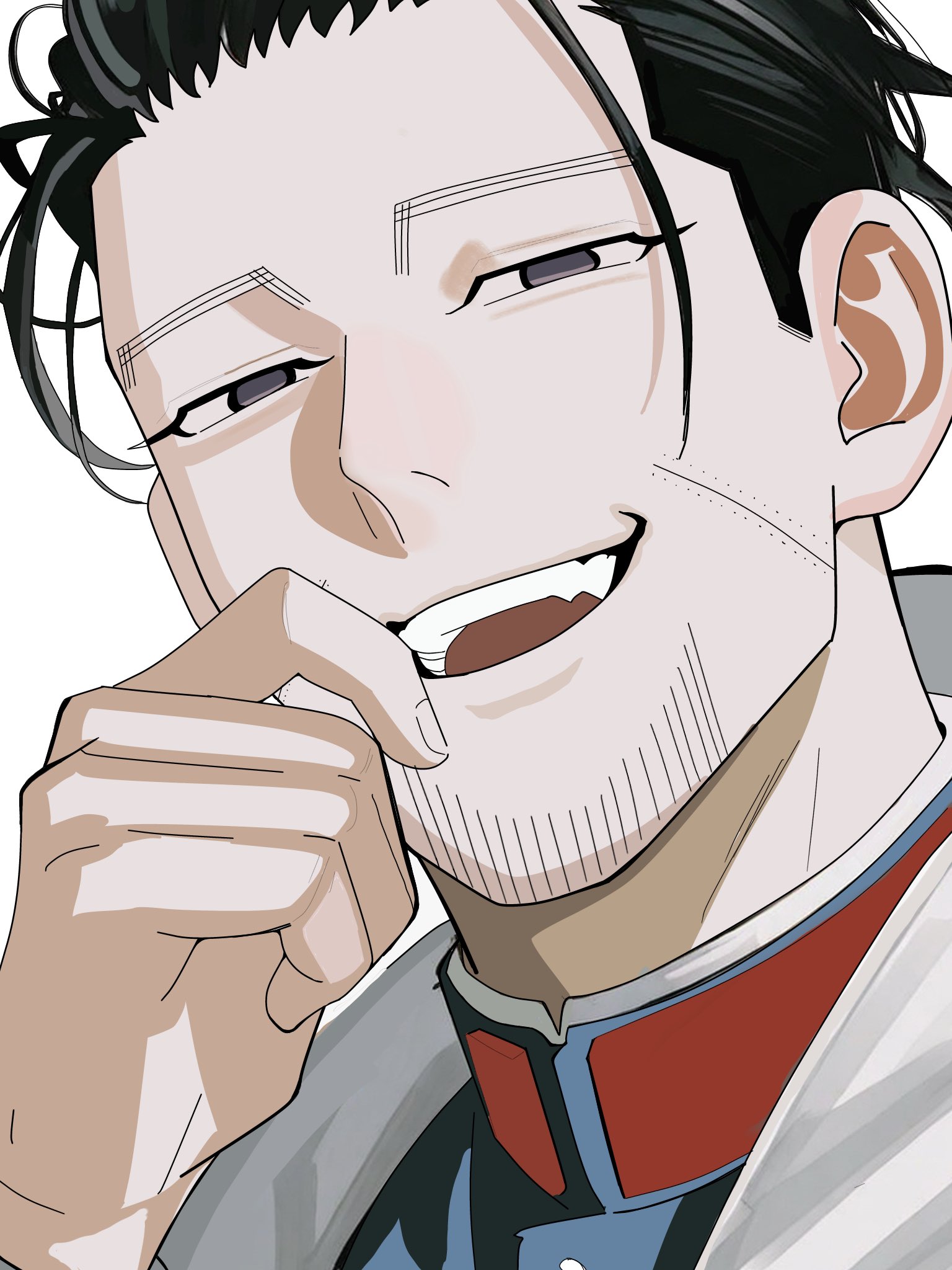 ogata hyakunosuke, golden kamuy, commentary request, highres, 1boy, arm up, black hair, cape, cien 0422, collared shirt, facial hair, facial scar, fingernails, goatee, grey eyes, hair slicked back, hand on own face, looking at viewer, male focus, open mouth, portrait, scar, scar on cheek, scar on face, shirt, short hair, short sideburns, smile, solo, teeth, upper teeth only, white background, white cape